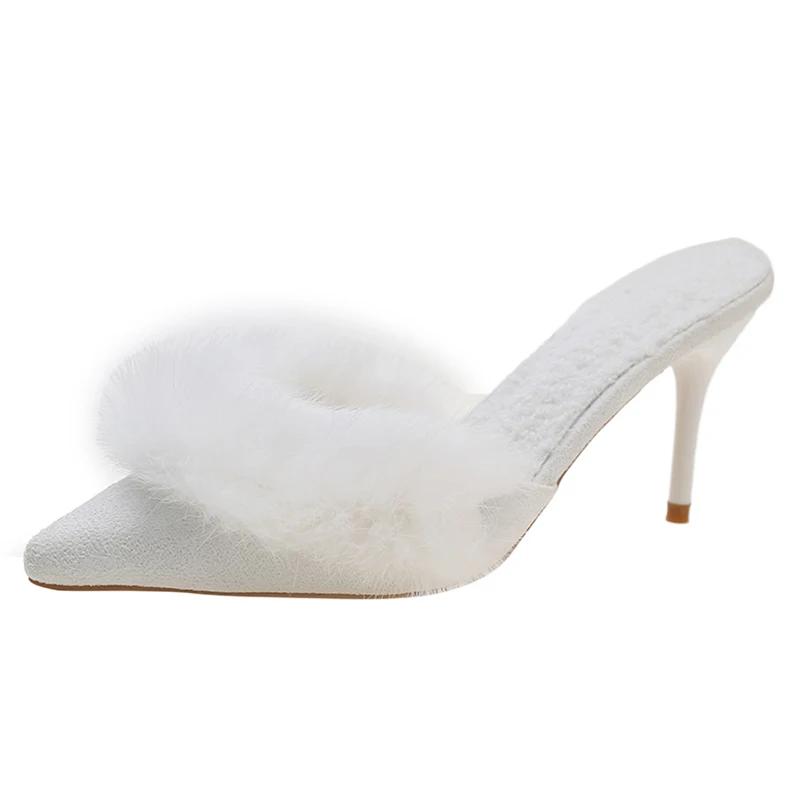 2026 Spring Faux Fur Mules Slippers Women Pointed Toe Slip-On Thin Heels Sandals Woman Short Plush Lined Closed Toe Slides Shoes