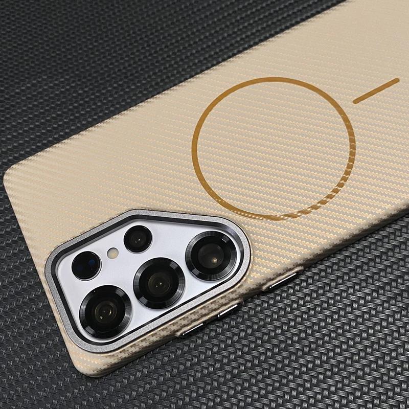 Carbon Fiber Texture Ultrathin Case for Samsung Galaxy S25 Plus Ultra for Magsafe Alloy Lens Wireless Charging Hard PC Cover