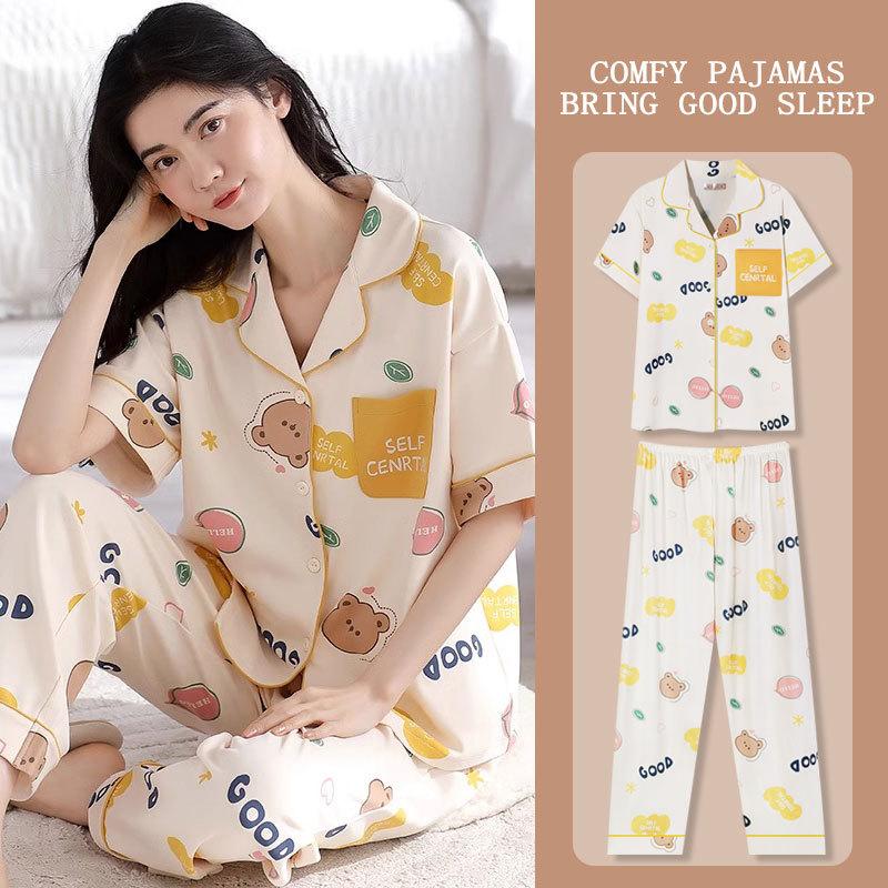 Japanese Kitty Cat Pajamas Women's Summer Thin Short-sleeved Trousers Loose Plus Size Girl Raw Loungewear Set
