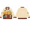 Winter American Street Retro Color Block Jacket Cartoon Embroidery Loose Casual Couple Outerwear