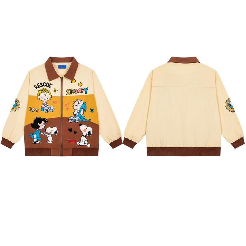 Winter American Street Retro Color Block Jacket Cartoon Embroidery Loose Casual Couple Outerwear