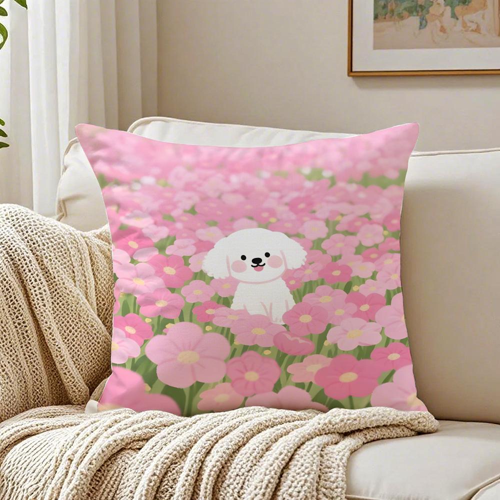 BBichon Frise Cushion Cover Linen Pillowcase Soft for Sofa Bed Home Room Decor