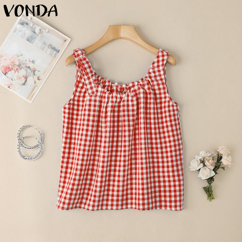 

VONDA Women Summer Bow Strap Sleeveless Plaid Print Casual Ruffled Tank Tops XL красный