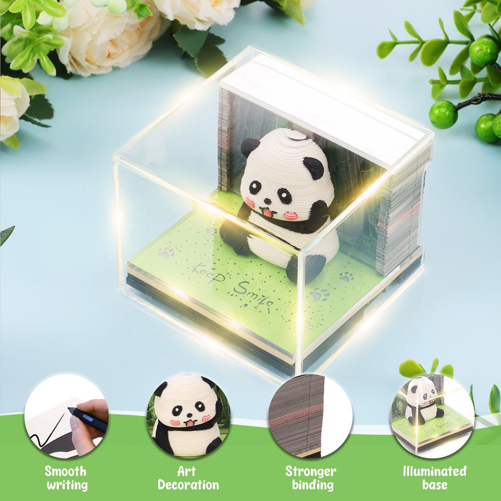 3D Stereo Notepad Tear Away Paper Carving Panda Shape Three-dimensional Note Book with LED Light for Office Desk Home Decorative