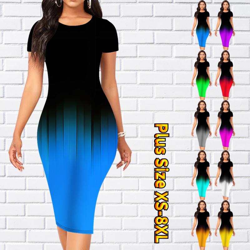 

Тонкое платье с коротким рукавом до колен Модное женское платье миди 3D с градиентным принтом