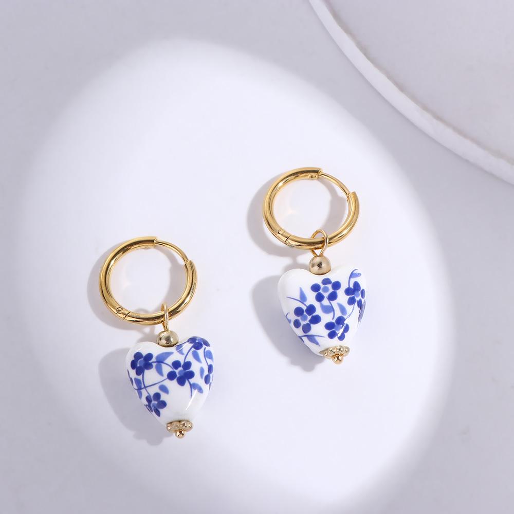 Heart Fashion Design Teapots Ceramic Blue and White Porcelain Korean Jewelry Accessories Women Hoop Earrings Alloy Ear Buckle