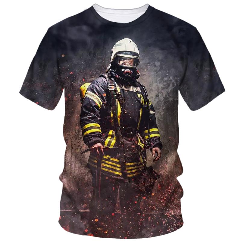 Firefighter Pattern Print Tough Guy Style T-shirts Summer Men's Short Sleeve T-Shirt Street Personality Creative Fashion Loose Casual Top