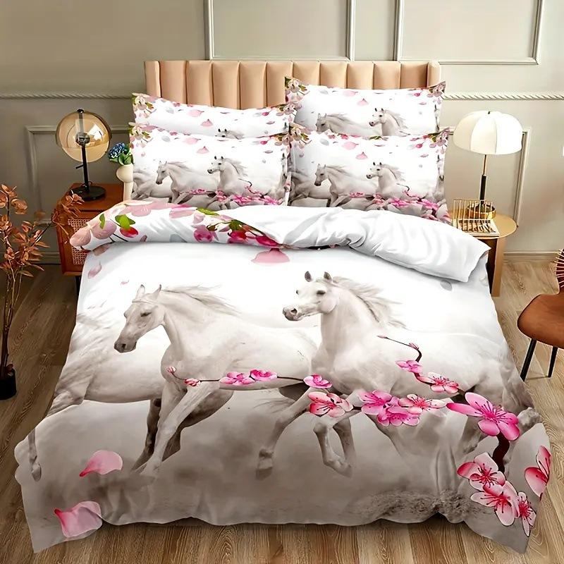 Pentium Horse Duvet Cover Pink Cherry Blossom Wildlife Bedding Series Three-Piece Set