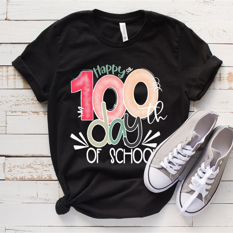 Women's Top 100 Days of School Printed High Street Trendy Fashion Casual Cotton T-Shirts Women’s