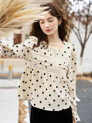 Damenbluse 2024 Neu Französischer Stil Gepunktet Trompetenärmel Nischendesign Lässig Rundhals Pullover Tops MXC46X1317
