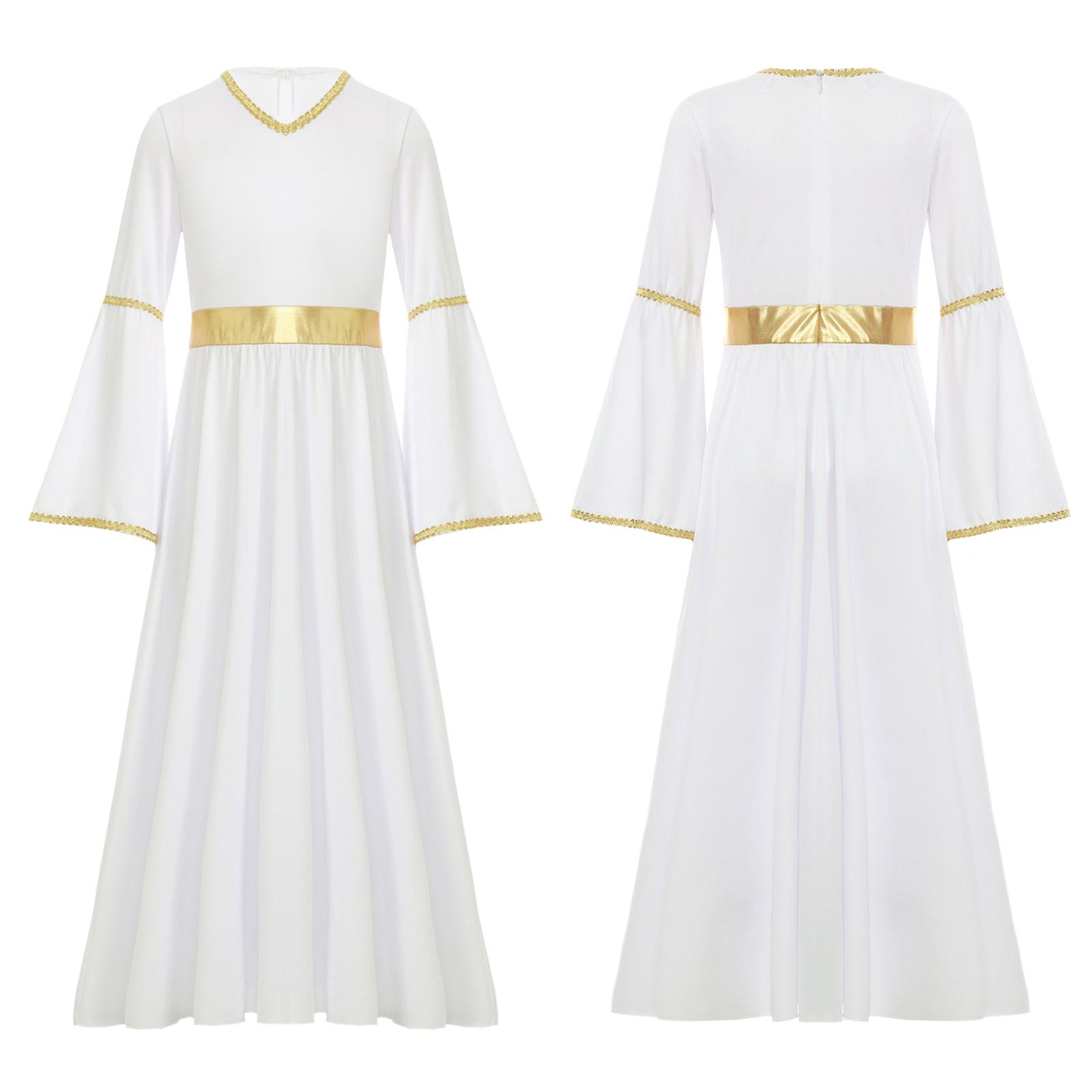 

Girls Angel Costume Long Sleeve Gold Trim Patchwork Gown with Feather Accessories for Heavenly Cosplay Performances 5-6 Years белый