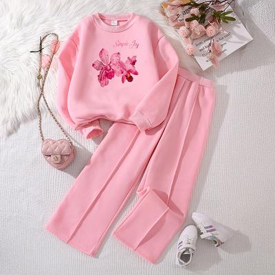 Girls' Fashion Set, Autumn Children's and Girls' Multi-color Letter Floral Printed Long-sleeved Sweatshirt, Casual Long Pants
