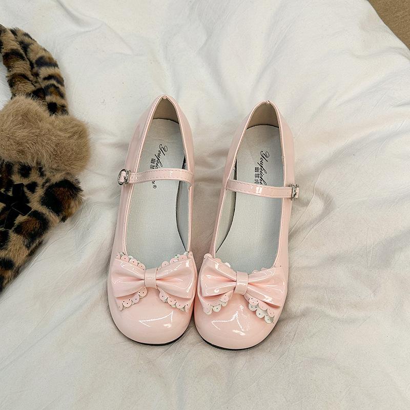 Plus Size Mary Jane Single Shoes Summer Round Toe Open Toe Bow Slip Strap Anti-Slip Wear-Resistant Square Heel Shoes