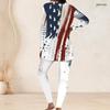 Women Plus Size Round Neck Long Sleeve Red White Blue Flag Printed Longline Top Fitted Pants Two Piece Set