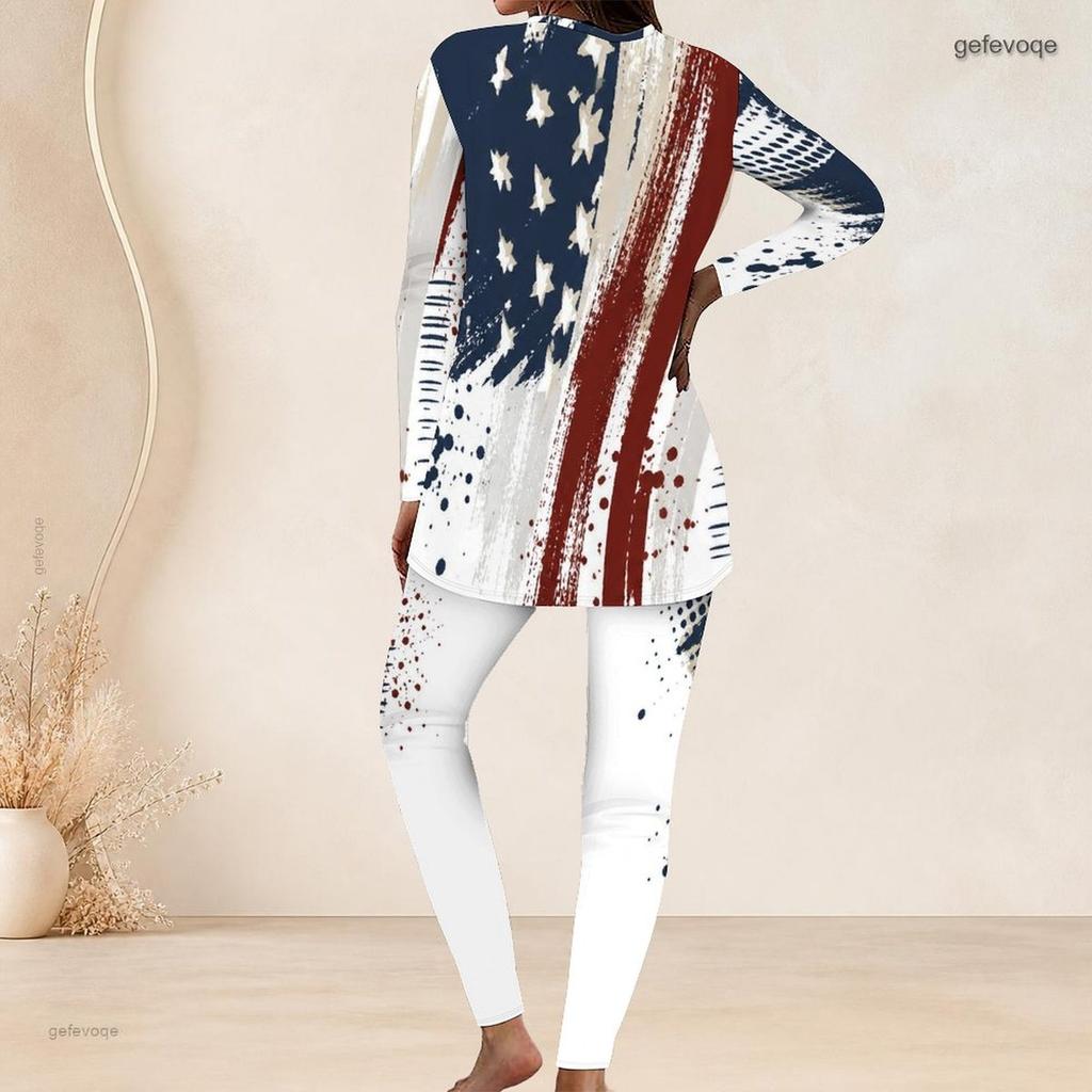 Women Plus Size Round Neck Long Sleeve Red White Blue Flag Printed Longline Top Fitted Pants Two Piece Set