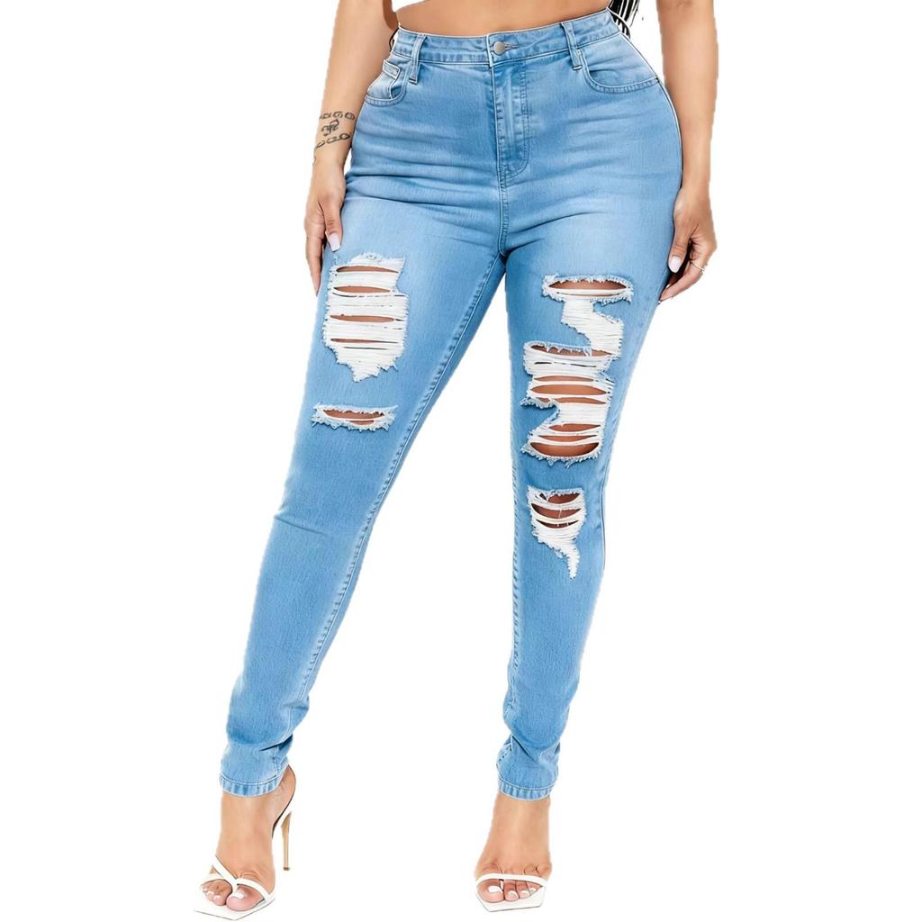European-American High-Waisted Skinny Ripped Jeans for Women