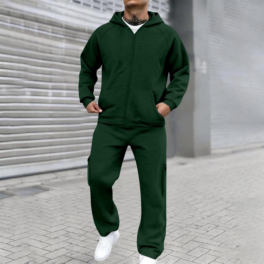 Men's Casual Two Piece Outdoor Set - Pullover Sweatshirt with Elastic Waist Cargo Pants