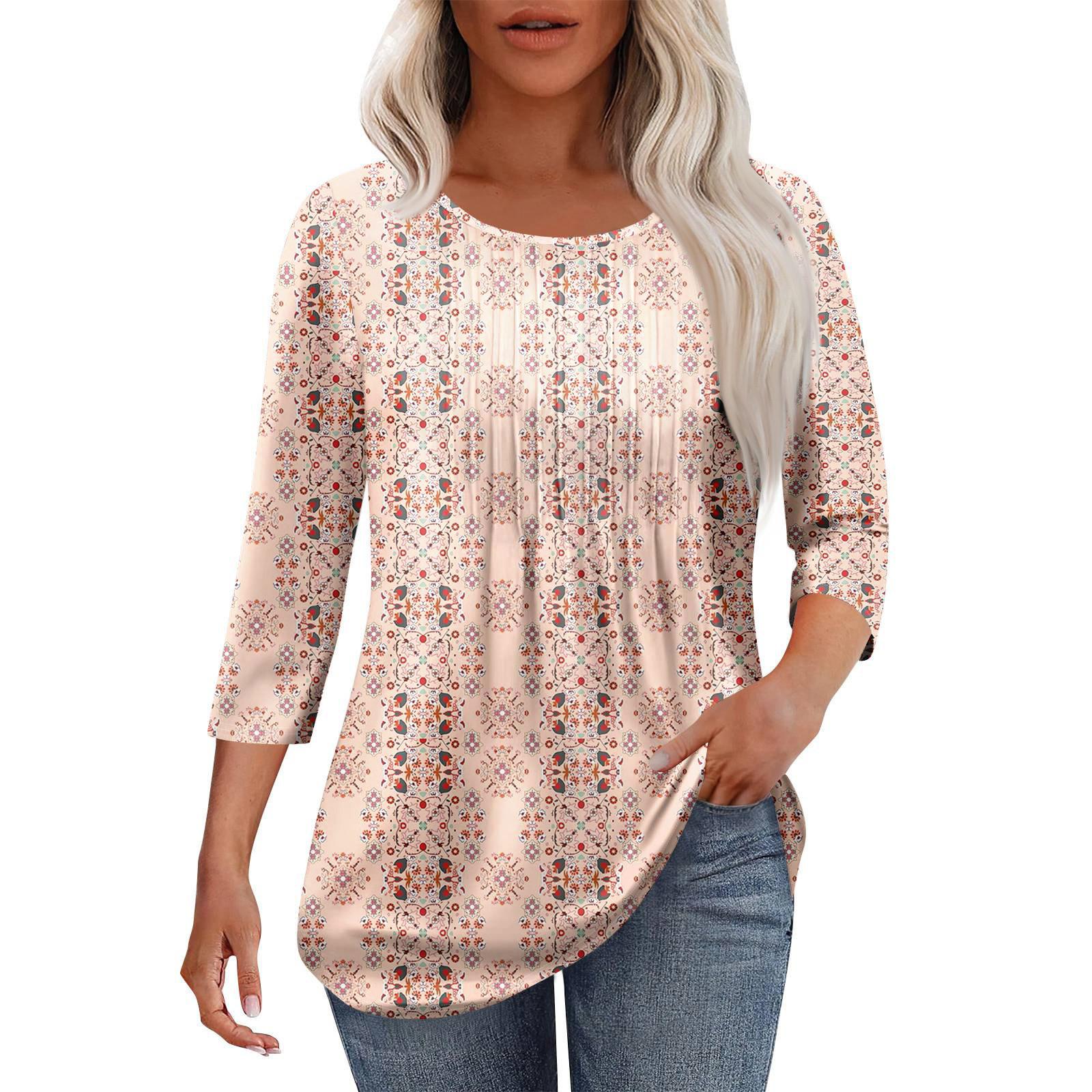 

Women s Fashionable Casual Pleated Round Neck Leisure PrintingSeven Quarter Sleeve T-shirt Top XXL
