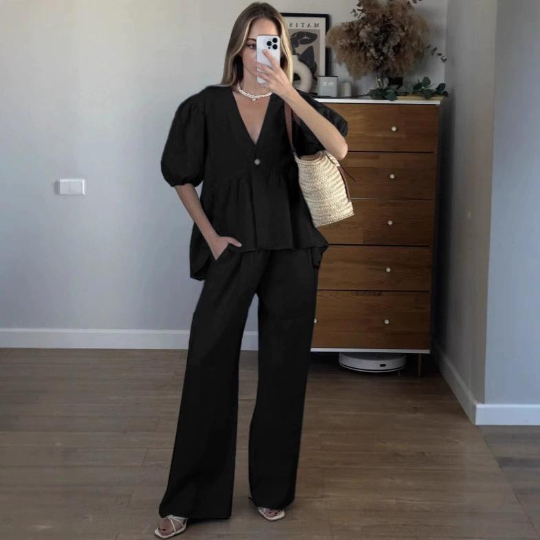 

Весенне-летний милый однотонный комплект из чистого хлопка с V-образным вырезом, топ с рукавами-буфами и брюки-капри, комплект из 2 предметов XS чёрный