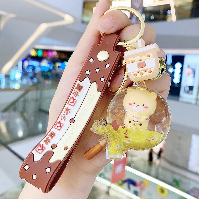 Pearl Milk Tea Bear Keychain - Cartoon Oil-Filled, Floating Liquid Pendant for Bags