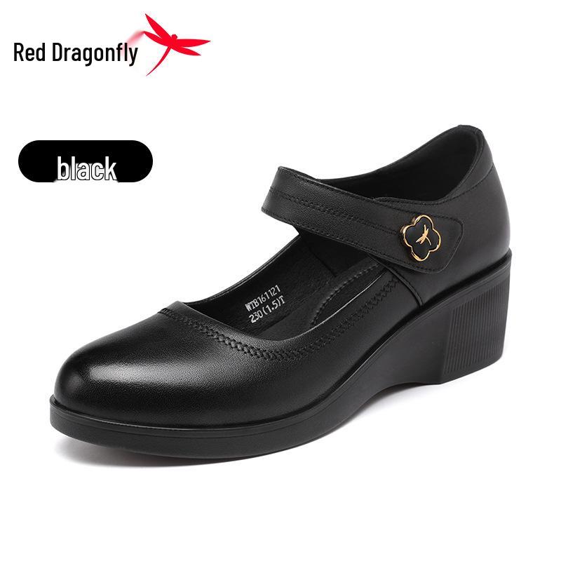 Женские летние туфли Mary Jane Red Dragonfly - Толстая подошва, Увеличивающие рост, Повседневные, Натуральная кожа чёрный