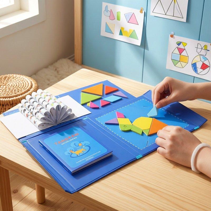 Wooden Magnetic Tangram Puzzle Book Portable 31x19cm Montessori Kids Educational Shape Matching Learning Intelligence Toy