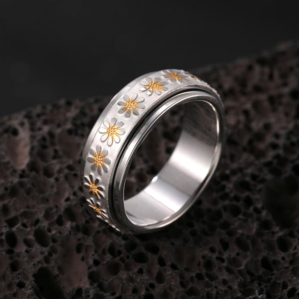 Anti Stress Anxiety Fidget for Women Spinner Daisy Flower Sunflower Sun Star Stainless Steel Ring Trendy Jewelry Anillo