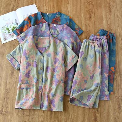 Women's Yarn-Dyed Cotton Pajama Set: Summer Short-Sleeve Top and 7/8 Gauze Pants