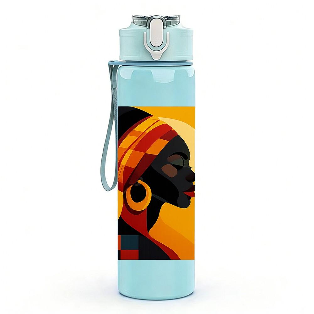 1PC Black Woman Profile Ethnic Art Print 750ml Color Plastic Sports Water Bottle Leakproof Flip Straw Lid Suitable for Sports Office Home Use