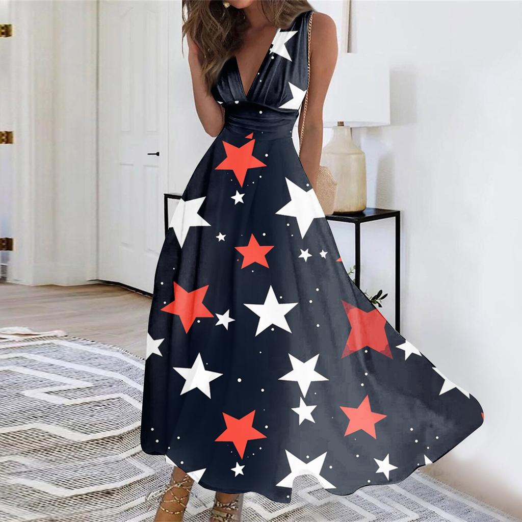 Sleeveless Maxi 4th of July Dress with Star Print Independence Day Dress for Women Casual Loose Fit Holiday Outfit
