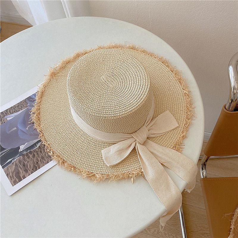 Beach Hat Japanese Everything Hairy Edge Straw Cap Female Summer Flat Top Outing Sun Hat Small Fresh Bow Sun Shade Beach Hat