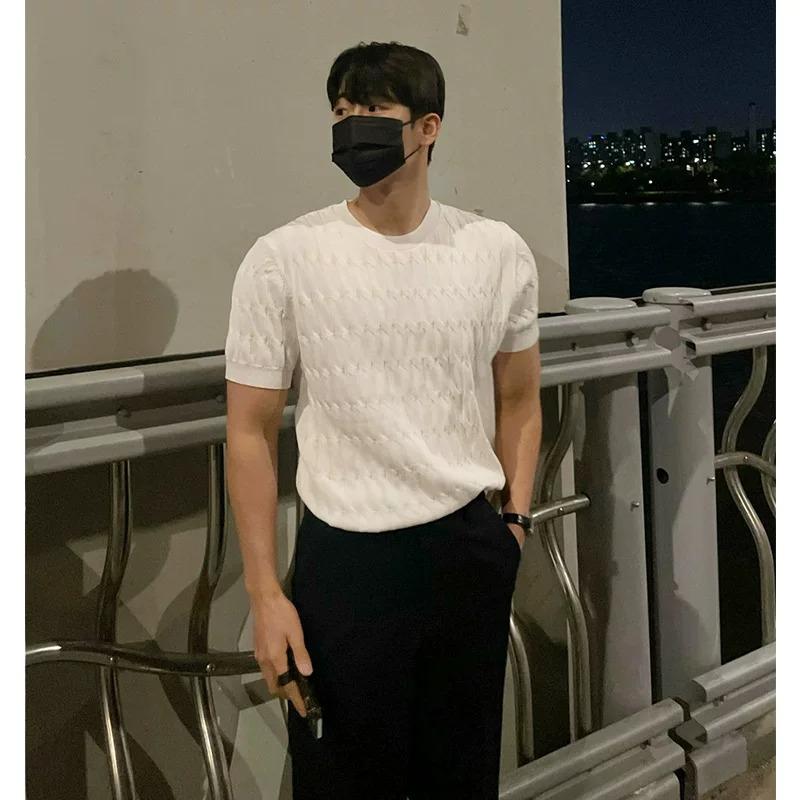 Men's Retro Loose-Fit Ice Silk Knit T-shirt - Short-Sleeve, Round Neck, Korean Style