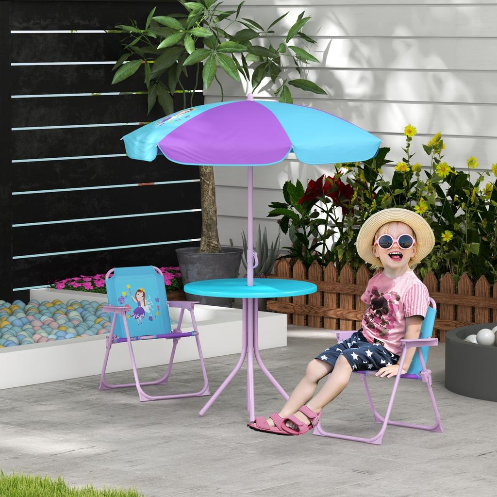 Kids Picnic Table and Chair Set, Fairy Themed Outdoor Garden Furniture W/ Foldable Chairs, Adjustable Parasol