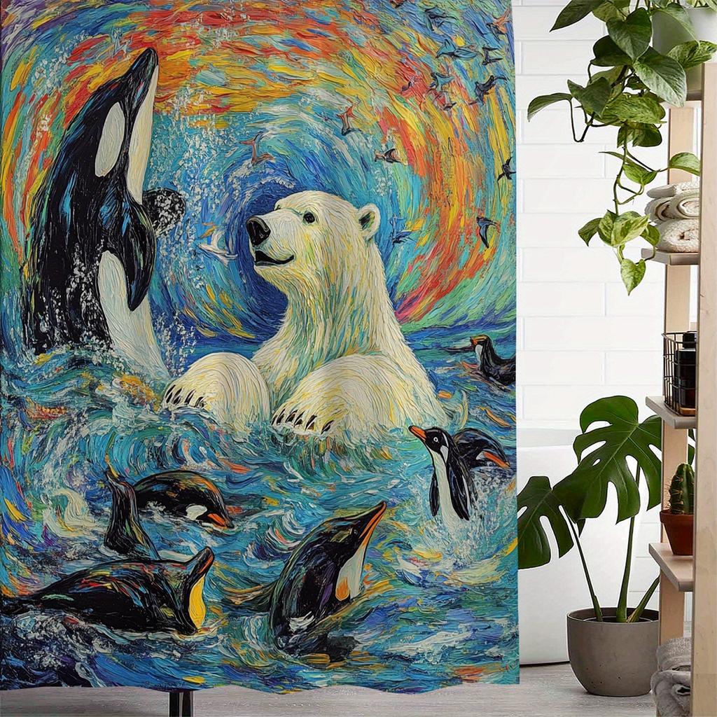 Arctic Wildlife Waterproof Shower Curtain - Vibrant Polar Bear And Penguin Design For A Unique Bathroom Dcor Experience