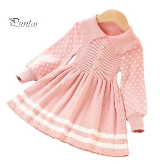 

Вязаное платье для девочек, осень-зима, милый кукольный воротник, искусственный жемчуг, пуговицы, полосатый трапециевидный край, длинный рукав, высокая талия, ребристые рюши, детское платье принцессы 120cm розовый