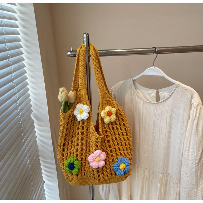 

Woven bag, handbag, woven vegetable basket, handmade hollowed flowers, large capacity, cute design shoulder bag. коричневий