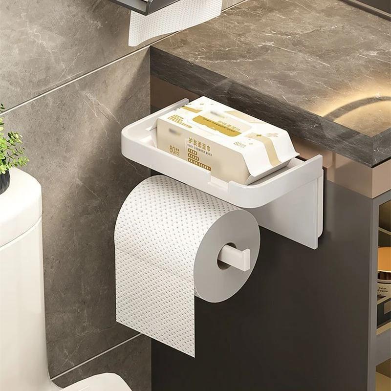 Toilet Paper Holder Plastic Storage Rack Wall Mounted Bathroom Kitchen Towel Placement Toilet Paper Roll Box Phone Storage Rack