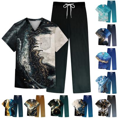 Men's Short Sleeve V Neck Print Chest Pocket Care Top Elastic Waist Pants Two Piece Work Suit
