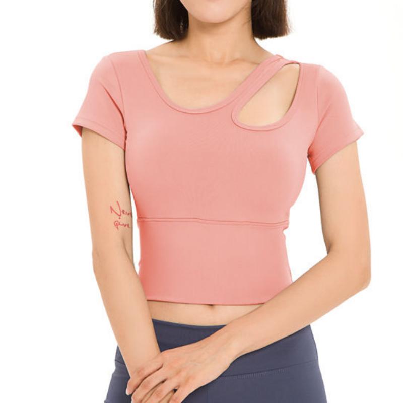 

Женская однотонная спортивная футболка с диагональным вырезом на плече, для йоги, с коротким рукавом, с нагрудными вкладышами, для упражнений на открытом воздухе, облегающая, быстросохнущий топ S розовый