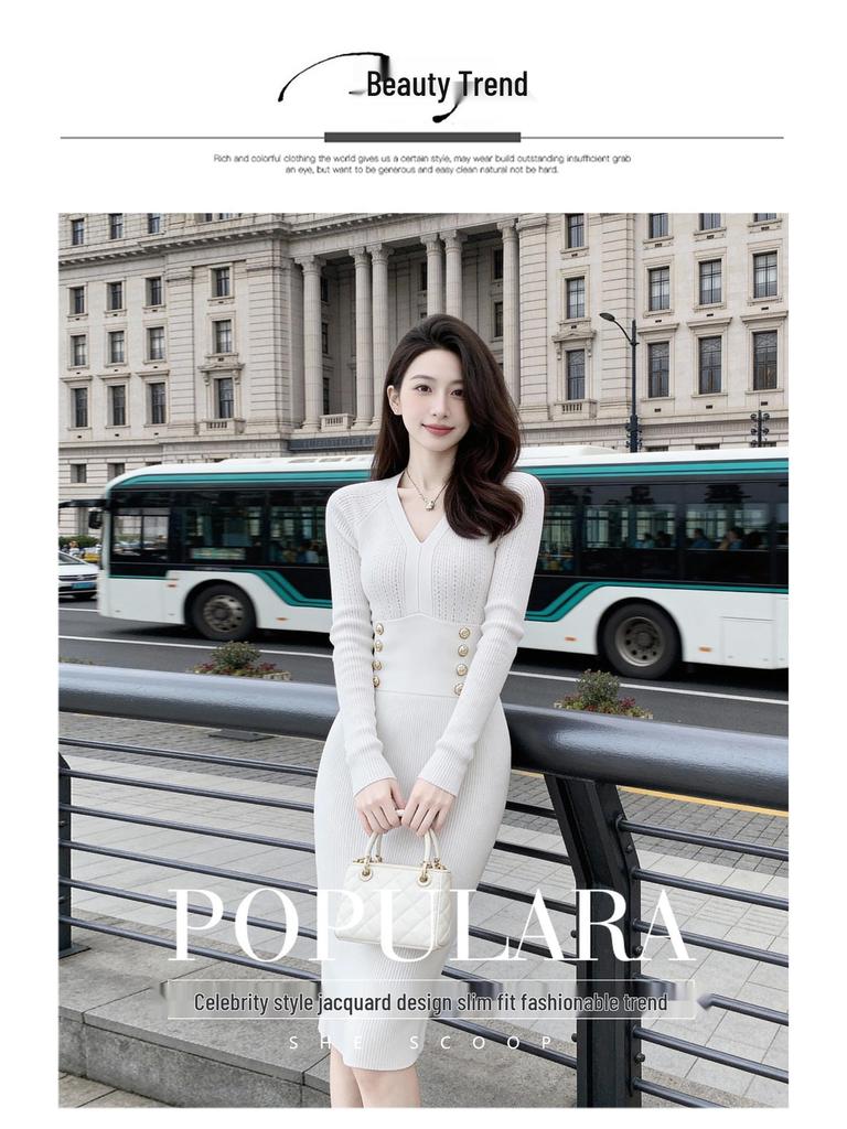 Elegant Slimming V-Neck Wool Knit Dress - French Retro Style