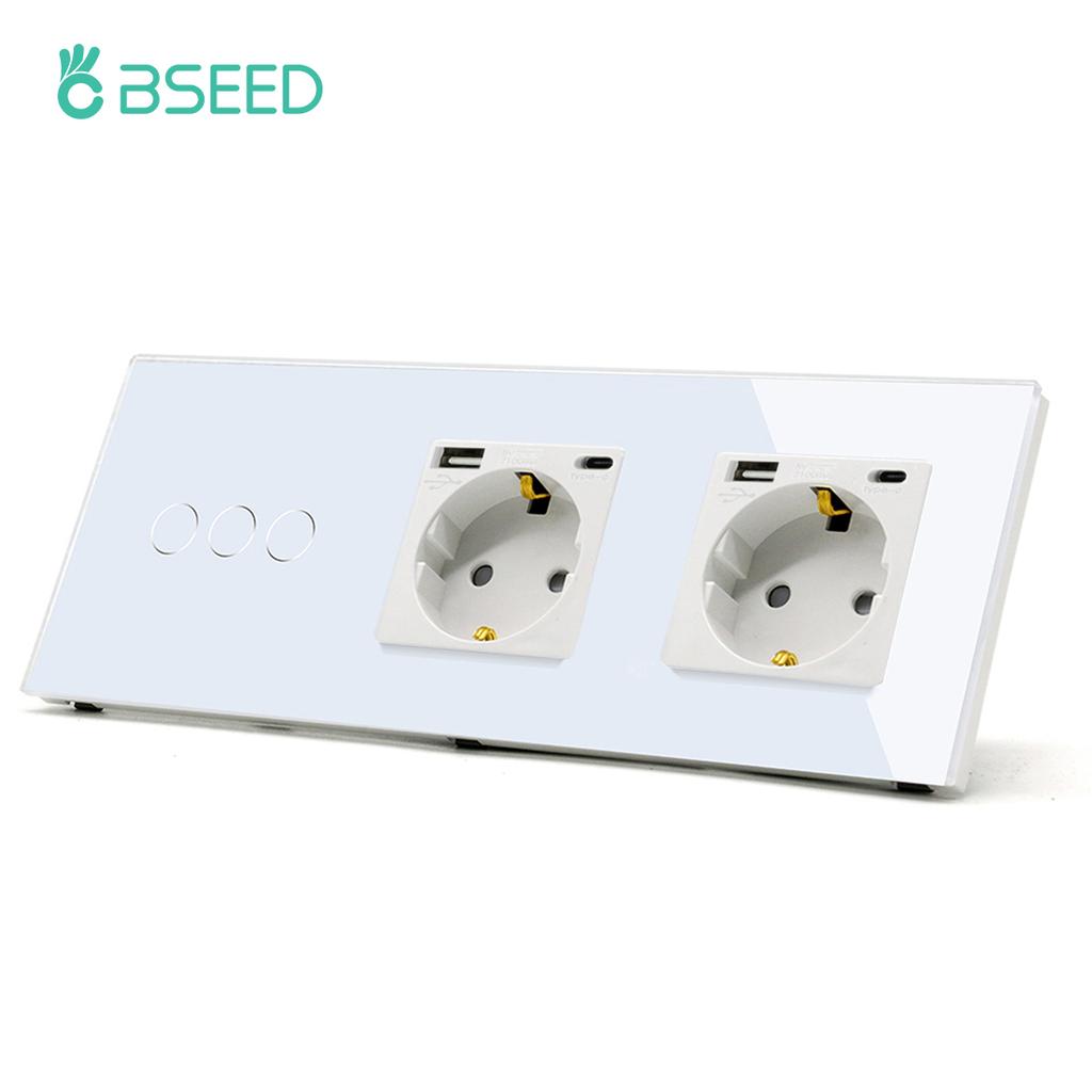 BSEED Touch Sensor Switch 1/2/3Gang 1Way Wall Light Switches Crystal Glass Switch With Double Power Sockets EU Standard