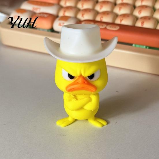 Cute Animal Sculptures Angry Duck Desk Figurine, 3D Printed Yellow Office Decoration with Cowboy Creative Birthday Gifts Hat, Little Ornament for Home