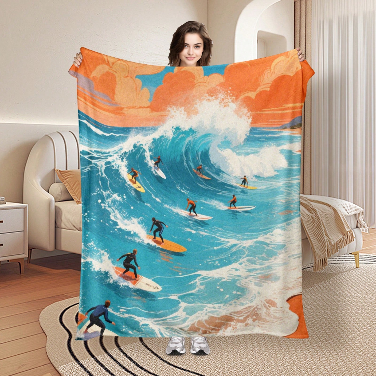 

Blue And Red Wave Surf Inspired Flannel printed blanket suitable for all seasons suitable for living room office sofa and travel 75x100cm