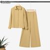 ZANZEA Women Long Sleeve Blouse and Wide Leg Pants Casual Two Piece Suit Sets