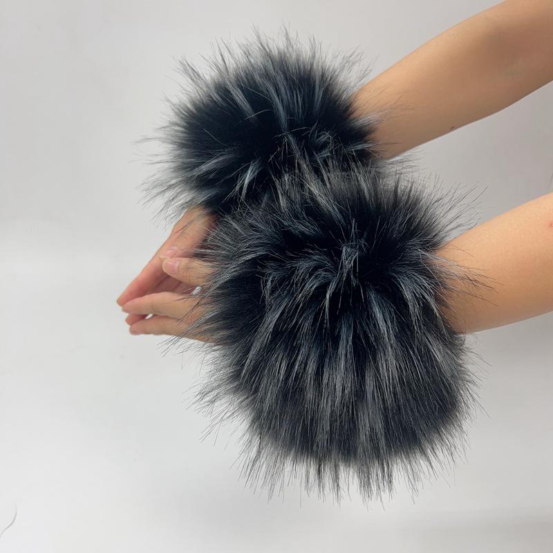 Mânuși de damă din blană artificială de iepure și vulpe, cu manșete strânse