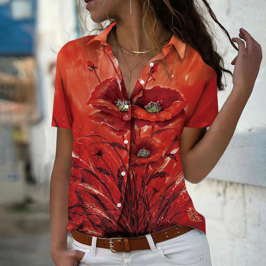 2025 Sommer Neue Mode Damen Blumenmuster Kurzarm V-Ausschnitt Lässig Knopfleiste Hemd Top