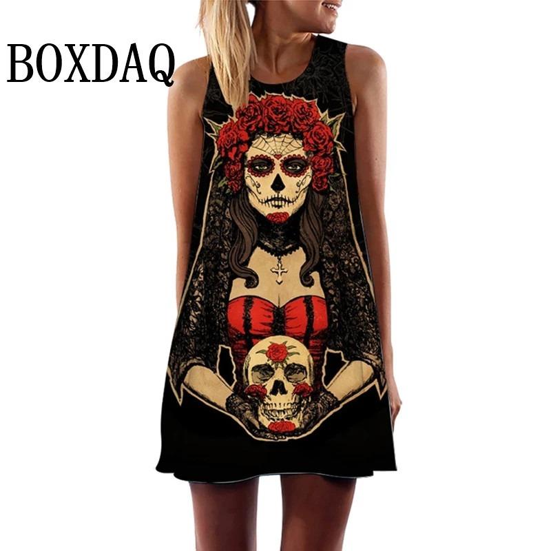 Vintage Skull Face 3D Print Women's Dress Summer Fashion O-Neck Sleeveless Mini Dresses Casual Vest Ladies Punk Streetwear