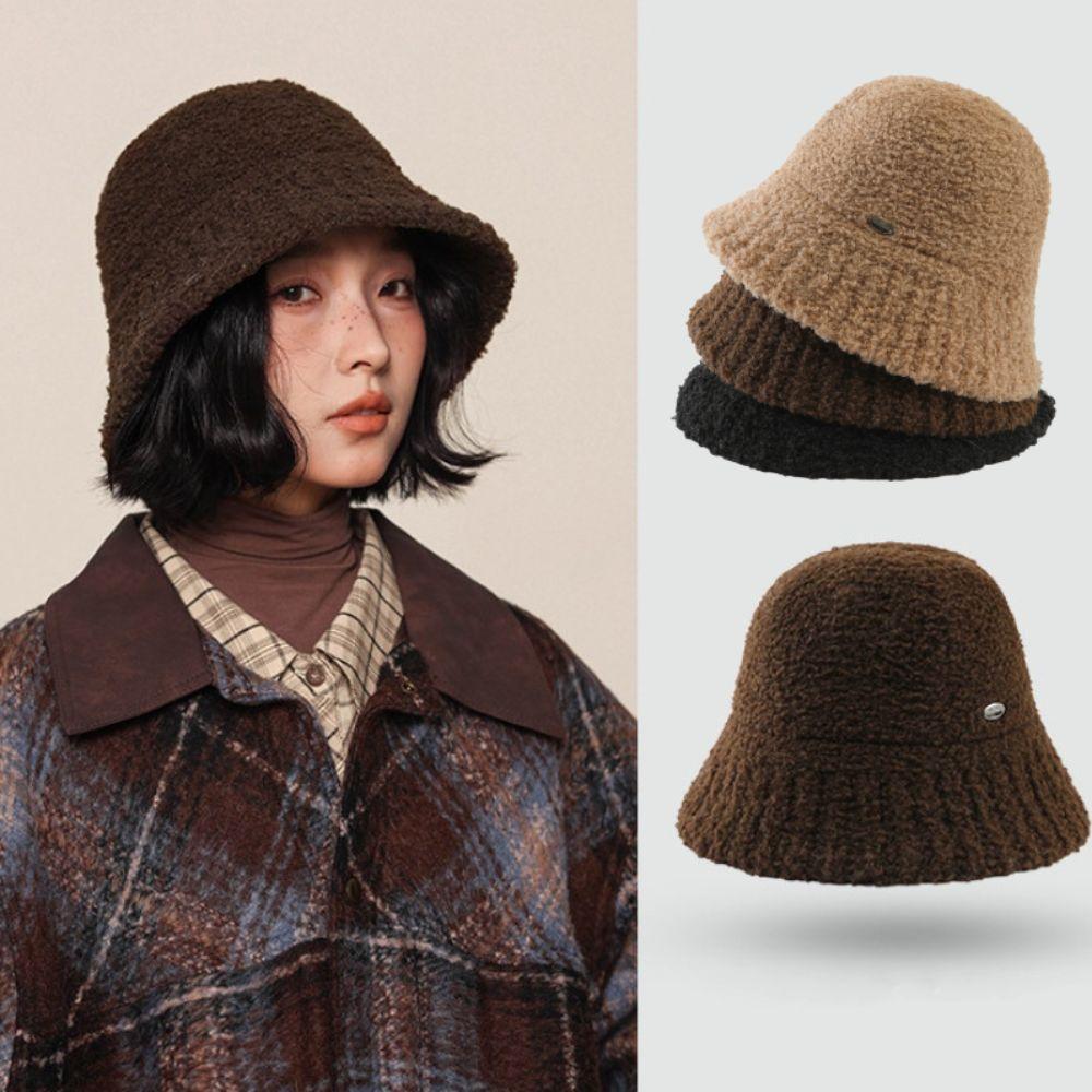 Retro Vintage Plüsch Fischerkappen Breitkrempiger Warmer Beckenhut Damen Bucket Hat Weiblich Dame