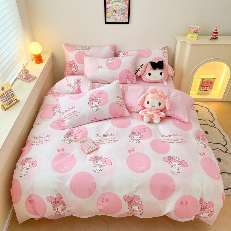 Hello Kitty All-Cotton Cute Cartoon Girl Fitted Sheet & Duvet Set - 4-Pc Dorm Style