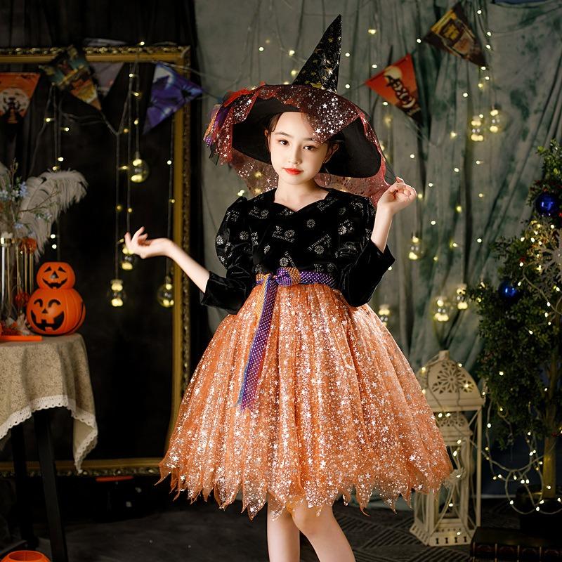 Children's Halloween costumes, girls cos masquerade show witch princess dress, little witch show costume lamp costume